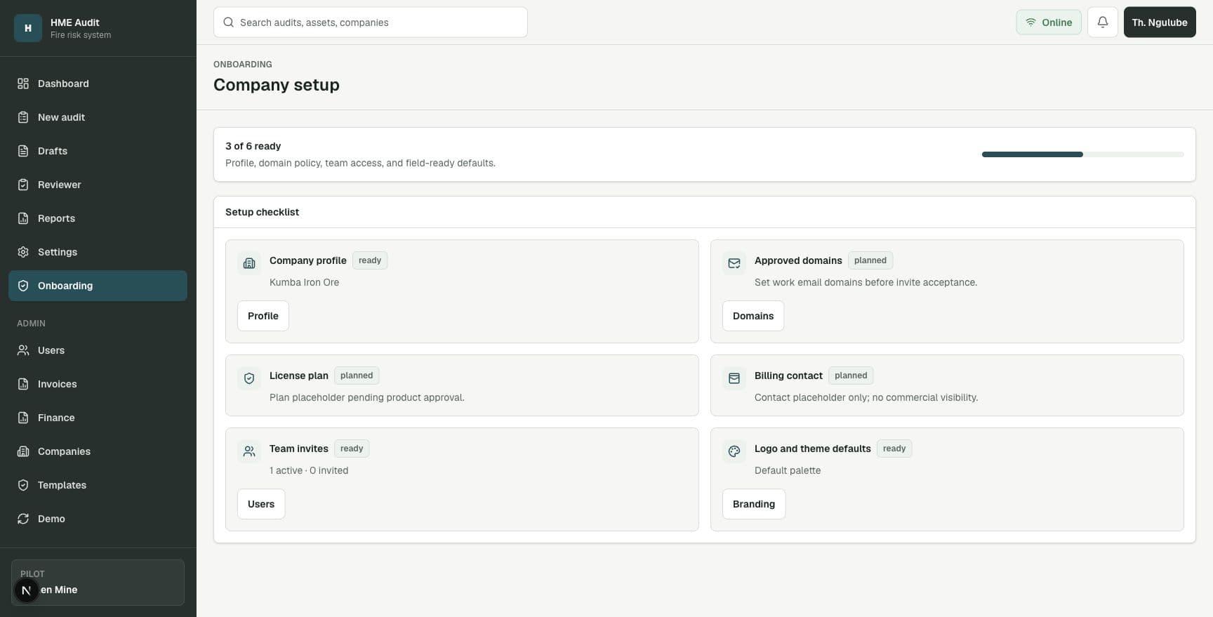 HME audit dashboard showing metrics, audit table, and risk profile.