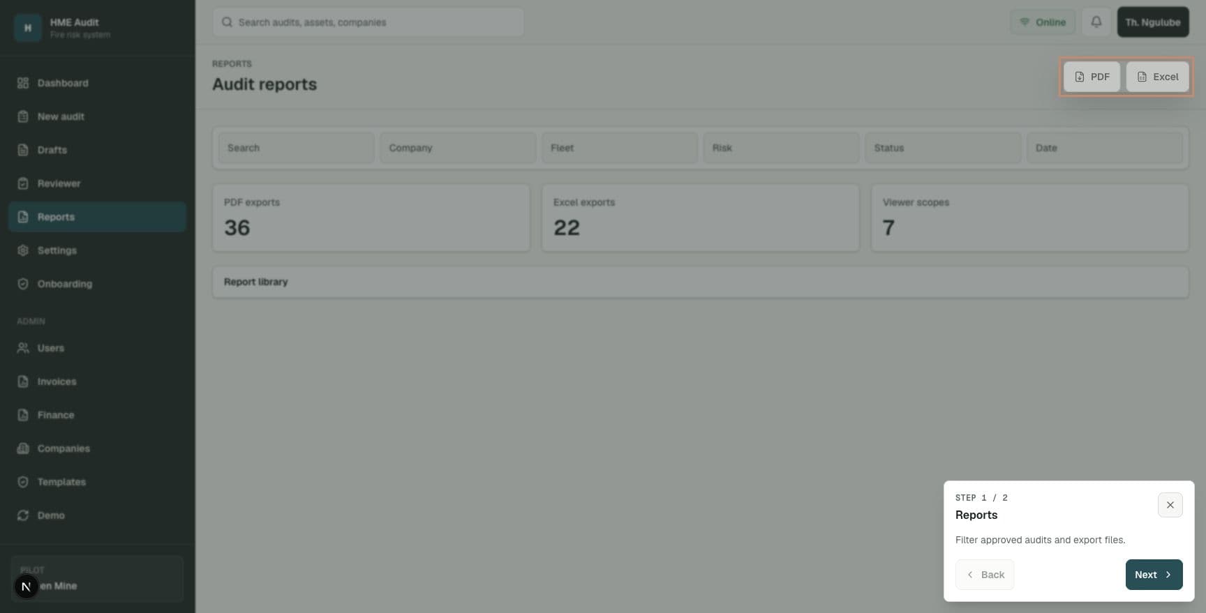 Reports page showing export controls and report records.