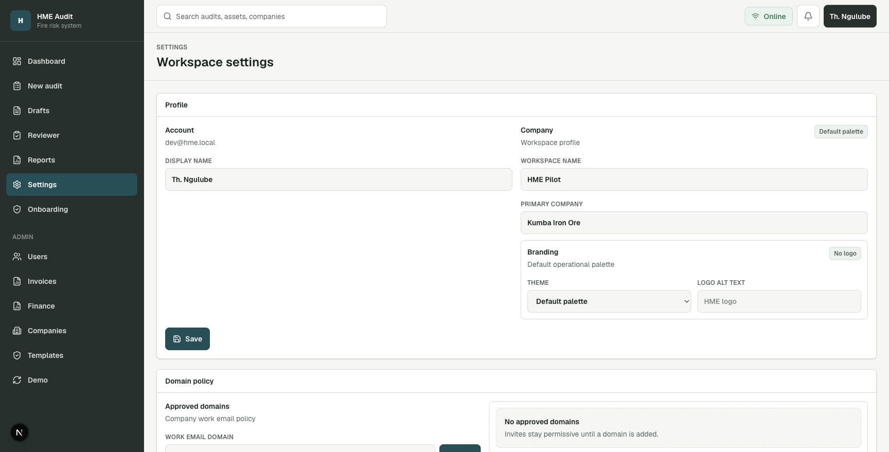 Workspace settings page showing profile, domains, and foundation cards.